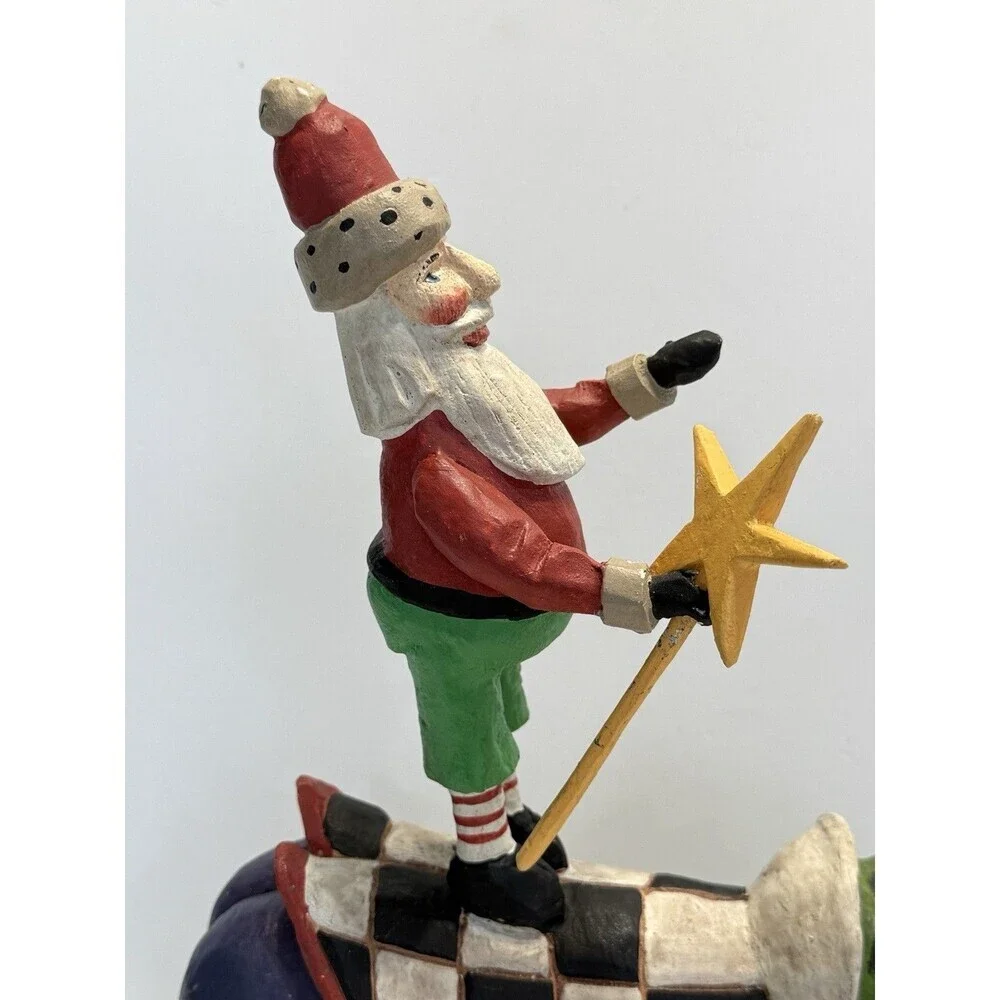 VINTAGE FOLK ART SANTA ON RABBIT WOOD CARVING. PEGGY HERRICK